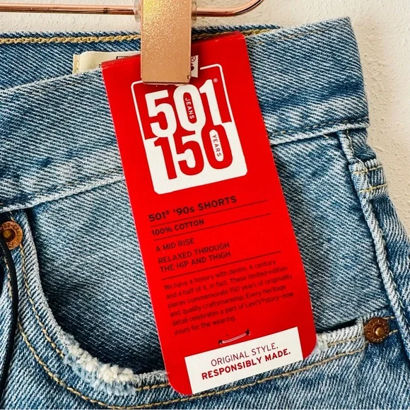 New Levi’s 501 90’s  Patchwork shorts anniversary edition light wash jean - Picture 14 of 14